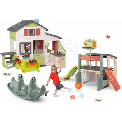 Smoby Set domeček Přátel a multifunkční centrum Friends Evo Playhouse Life rozšiřitelný se skluzavkou a basketbalovým košem s hrací stěnou – Hledejceny.cz