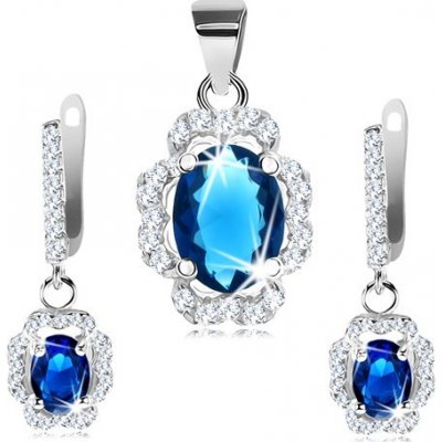 Šperky eshop sada z přívěsku a náušnic stříbro zvlněný čirý obrys tmavomodrý ovál V06.20 – Zboží Dáma