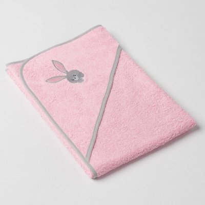 Veba LOTA osuška s kapucí růžová s výšivkou Zvědavý zajíček šedá lemovka 75x75 cm – Zboží Dáma