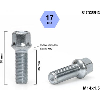 Kolový šroub M14x1,5x35 koule R13, klíč 17, S17D35R13, výška 54 mm – Zboží Mobilmania