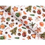 Vánoční bavlněná látka/plátno Sandra SA-516 Vánoční perníčky a ozdoby na bílém - šířka 160 cm – Zboží Dáma