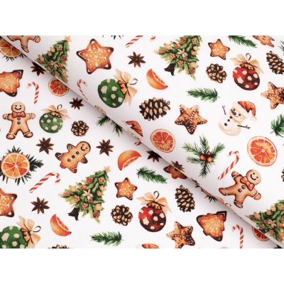 Vánoční bavlněná látka/plátno Sandra SA-516 Vánoční perníčky a ozdoby na bílém - šířka 160 cm – Zboží Dáma