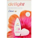 Dove Delight Dove Petal Soft sprchový gel 250 ml + Dove Pink čisticí tuhé mýdlo 90 g + Dove mycí houba kosmetická sada – Hledejceny.cz