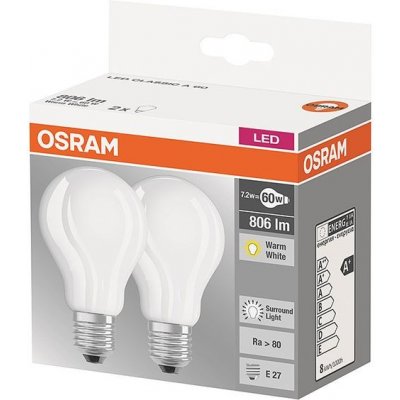 Osram LED světelný zdroj, 7,2 W, 806 lm, teplá bílá, E27, 2 ks LED BASE CL A 60 7,2W/ – Zboží Živě