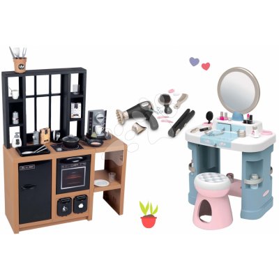 Smoby Set kuchyňka moderní Loft Industrial a kosmetický stolek se židlí a elektronický vysoušeč vlasů – Zboží Mobilmania