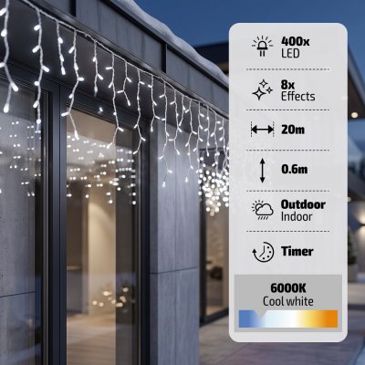 Solight LED vánoční girlanda, rampouchy, 400 LED, 20m, IP44, studené bílé světlo – Hledejceny.cz