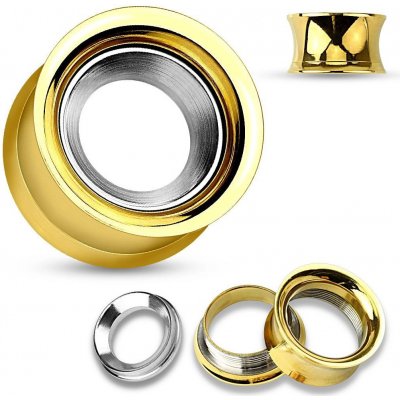 Šperky eshop ocelový tunel do ucha zlaté barvy s kruhem ve stříbrném odstínu vysoký lesk I44.26 – Zboží Mobilmania