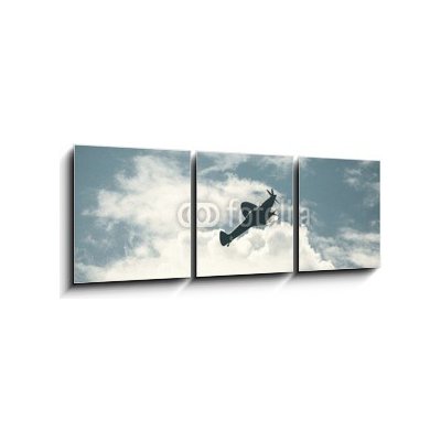 Obraz 3D třídílný - 150 x 50 cm - Fighter plane on cloudy sky Bojové letadlo na zatažené obloze – Zbozi.Blesk.cz