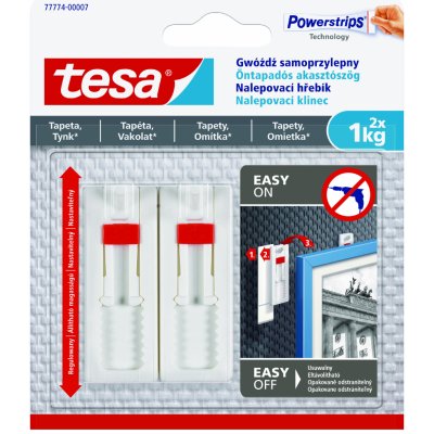 tesa® tesa® Nastavitelný nalepovací hřebík na tapety a omítku 1kg Barva: bílá, Rozměr: 2 háčky + 3 proužky