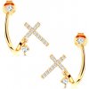 Náušnice Šperky eshop zlaté náušnice lesklá zahnutá linie třpytivý křížek a čiré zirkony GG117.04