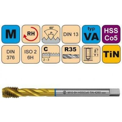 NÁSTROJE CZ Závitník strojní M20x2,5 ISO2 HSSCo5 TiN DIN 376 RSP35 - 4260 - CZZ4260-M20-ISO2 – Hledejceny.cz