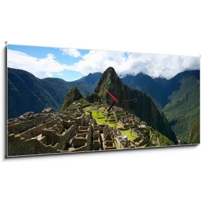 Obraz s hodinami 1D panorama - 120 x 50 cm - Machu Picchu Top View Pohled shora na Machu Picchu