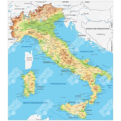 Magnetická mapa Itálie, geografická, s popisky (pozinkovaný plech) 67 x 75 cm