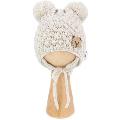 Baby Nellys Zimní pletená čepice Teddy Bear na zavazování ecru béžová – Zboží Dáma
