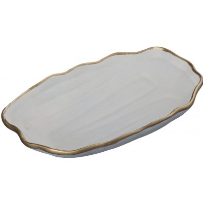 Dekorační oválný podnos, imitace kameniny, bílý s krouceným zlatým okrajem 32 x 22 x 5,5cm – Hledejceny.cz