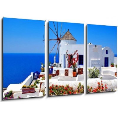 Obraz 3D třídílný - 90 x 50 cm - Windmill on Santorini island, Greece Větrný mlýn na ostrově Santorini, Řecko – Zboží Mobilmania