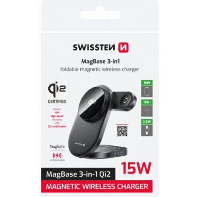 Swissten Skládací Bezdrátová Qi2 Nabíječka Magbase 3v1 Černá (Kompatibilní s MagSafe) – Zboží Živě