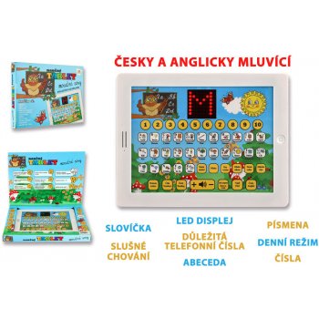 Naučný tablet moudré sovy dvojjazyčný CZ+AJ plast 24x19x2cm na baterie se zvukem v krabici 32x23x3cm