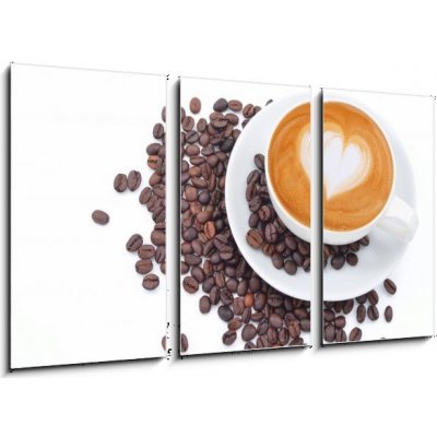Obraz 3D třídílný - 90 x 50 cm - A cup of cafe latte and coffee beans on white Šálek kávy latte a kávových bobů na bílém