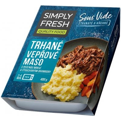 Simply Fresh Sous Vide trhané vepřové maso s pečenou mrkví a šťouchanými brambory 400 g – Zbozi.Blesk.cz