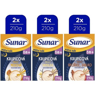 Sunar mléčná krupicová kaše na dobrou noc mix příchutí 6 x 210 g – Sleviste.cz