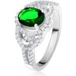 Šperky eshop prsten oválný zelený zirkon lem zaoblené linie čiré kamínky stříbro 925 SP28.26 – Zboží Mobilmania
