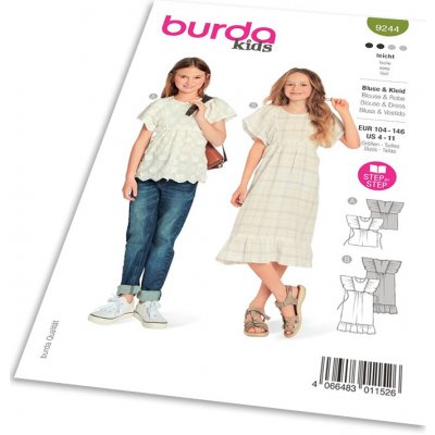 Střih Burda 9244 - Volné empírové šaty, halenka pro dívky – Zboží Mobilmania