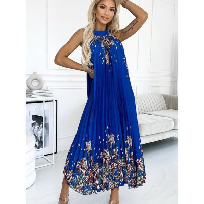 Tatiana květované modré saténové maxi šaty 456-1 – Zboží Mobilmania