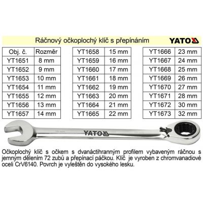 Yato Klíč očkoplochý ráčnový 22mm YT-1665 – Zboží Dáma
