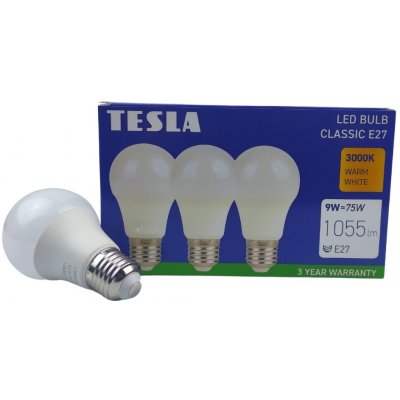 Tesla LED žárovka BULB E27, 9W, 230V, 1055lm, 25 000h, 3000K teplá bílá, 220st 3ks – Zbozi.Blesk.cz