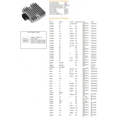 DZE regulátor napětí KAWASAKI EX 300/650 NINJA 06-17; KLE 650 VERSYS 07-16; VN 900/1700 06-19; ZR 750/800/1000 04-16; SUZUKI AN 250/400 03-06; DL 1000 02-06; UH 125/150/200 07-14; YAMAHA TMAX 500 09-1 – Hledejceny.cz