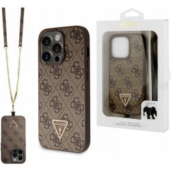 Pouzdro Guess PU 4G Strass Triangle Metal Logo + Crossbody Popruh iPhone 15 Pro hnědé