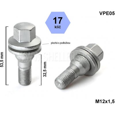 Kolový šroub M12x1,5x32,5 plochá podložka, klíč 17 VPE05, výška 53,5 mm | Zboží Auto