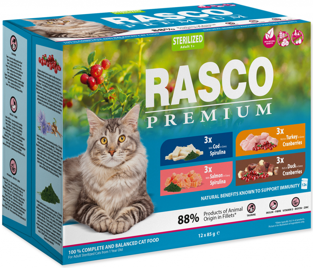 Rasco Premium Cat Pouch Sterilized 3 x salmon 3 x cod 3 x duck 3 x turkey 1020 g