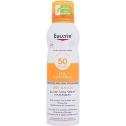 Eucerin Sun Oil Control Body Sun Spray Dry Touch SPF50 voděodolný transparentní sprej na opalování pro aknózní pokožku 200 ml