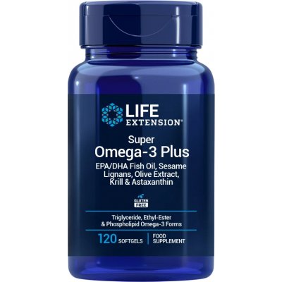 Life Extension Super Omega-3 Plus, EPA/DHA Fish Oil, Sesame Lignans, Olive Extract, Krill & Astaxanthin, 120 softgel kapslí