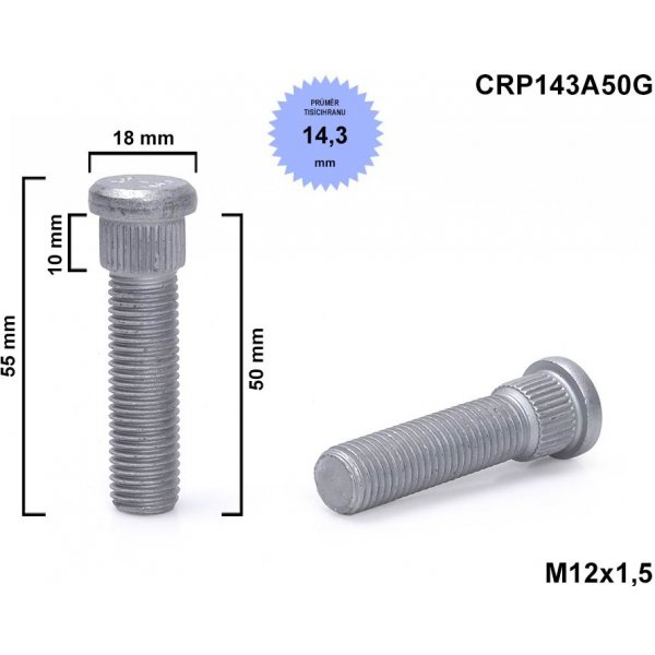 Kolové šrouby a matice Kolový svorník - šteft M12x1,5x50 tisícihran průměr 14,3mm CRP143A50G délka 55mm