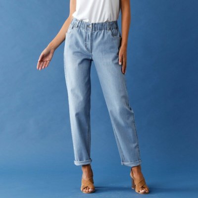 Pohodlné strečové džíny mom s pružným pasem sepraná modrá – Sleviste.cz