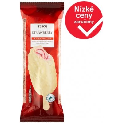 Tesco Mražený krém s jahodovou příchutí s jahodovou polevou v bílé čokoládě s křupinkami 120 ml – Zboží Mobilmania