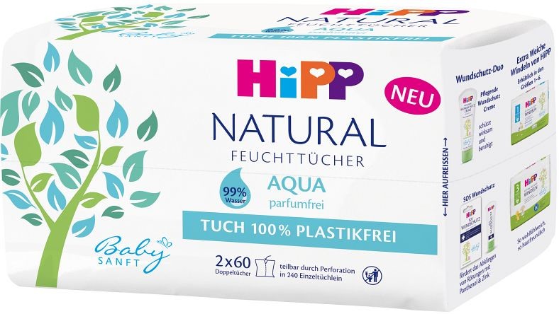 HiPP Babysanft čisticí vlhčené ubrousky Aqua Natural 2 x 60 ks od 108 Kč -  Heureka.cz
