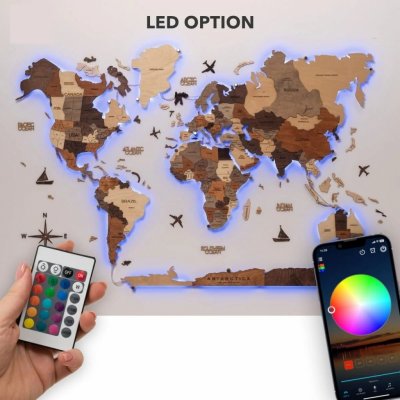 Dřevěná mapa nástěnná LED s RGB LED podsvícením (App mobil + dálkový ovladač) - 250x160 cm – Sleviste.cz