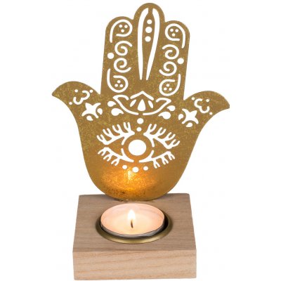 Popron.cz Kovový držák na čajovou svíčku zlaté barvy s dřevěným podstavcem, Buddha – Zboží Mobilmania