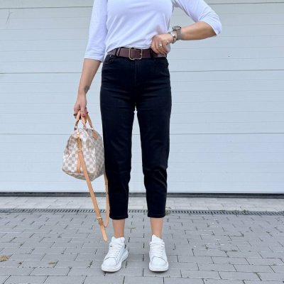 Made in Italy Černé džíny MOM FIT s hnědým širokým páskem – Hledejceny.cz