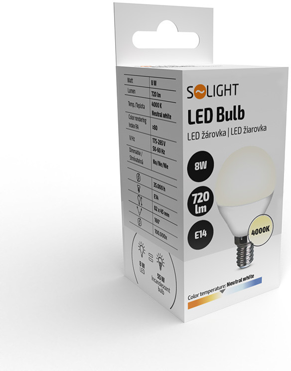 Solight LED žárovka , miniglobe, 8W, E14, 4000K, 720lm, bílé provedení