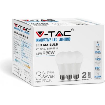 V-TAC LED žárovka A65 15W 1350lm E27 - 3 kusů Denní bílá – Zboží Živě
