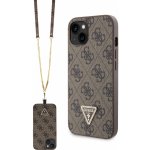 Pouzdro Guess PU 4G Strass Triangle Metal Logo + Crossbody Popruh iPhone 15 Pro hnědé – Zboží Mobilmania