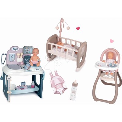 Smoby Set zdravotnický pult pro lékaře Baby Care Center s jídelní židličkou a postýlka s klokankou a lahví – Zboží Mobilmania