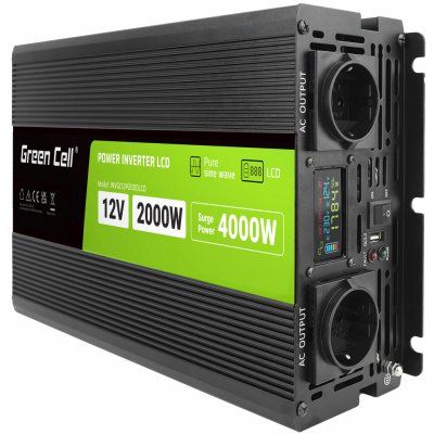 Green Cell INVGC12P2000LCD 12V/230V, 2000W/4000W čistá sinusoida s LCD displejem – Zboží Mobilmania