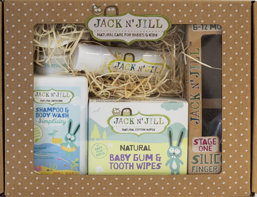 Jack N Jill BIO Balíček pro novorozence Simplicity sprchový gel 300 ml + zubní kartáček na prst 2 ks + zubní pasta 50 g + ubrousky na zuby 25 ks + gel na zoubky + krabička dárková 