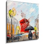 Skleněný obraz 1D - 50 x 50 cm - oil painting, woman with an umbrella near the Moulin Rouge, a walk in Paris, artwork on canvas olejomalba, žena s deštníkem poblíž Mouli – Hledejceny.cz